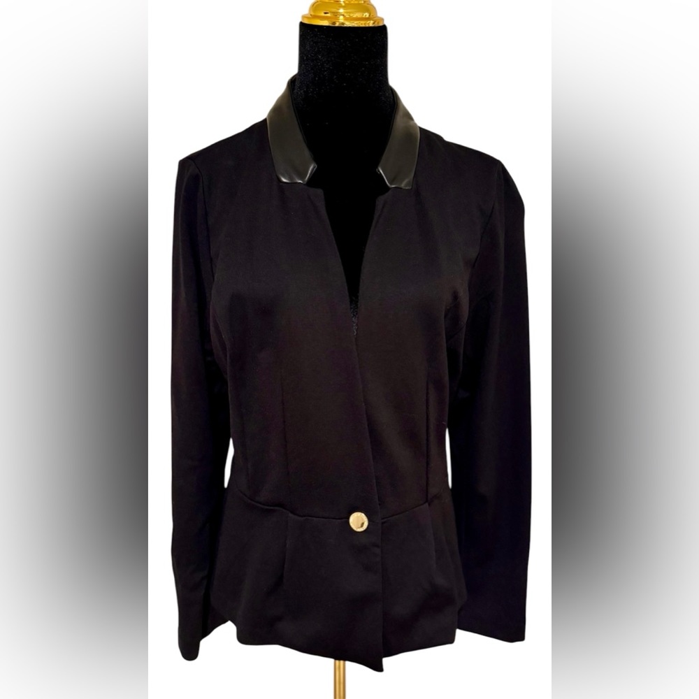 Marc New York Black Peplum Jacket with Leather Collar L NWOT